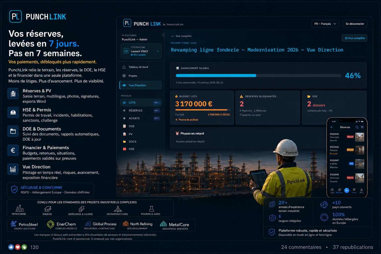 Vue Direction PunchLink — capture d'un projet industriel en cours : avancement global, budget, réserves, DOE, phases en retard