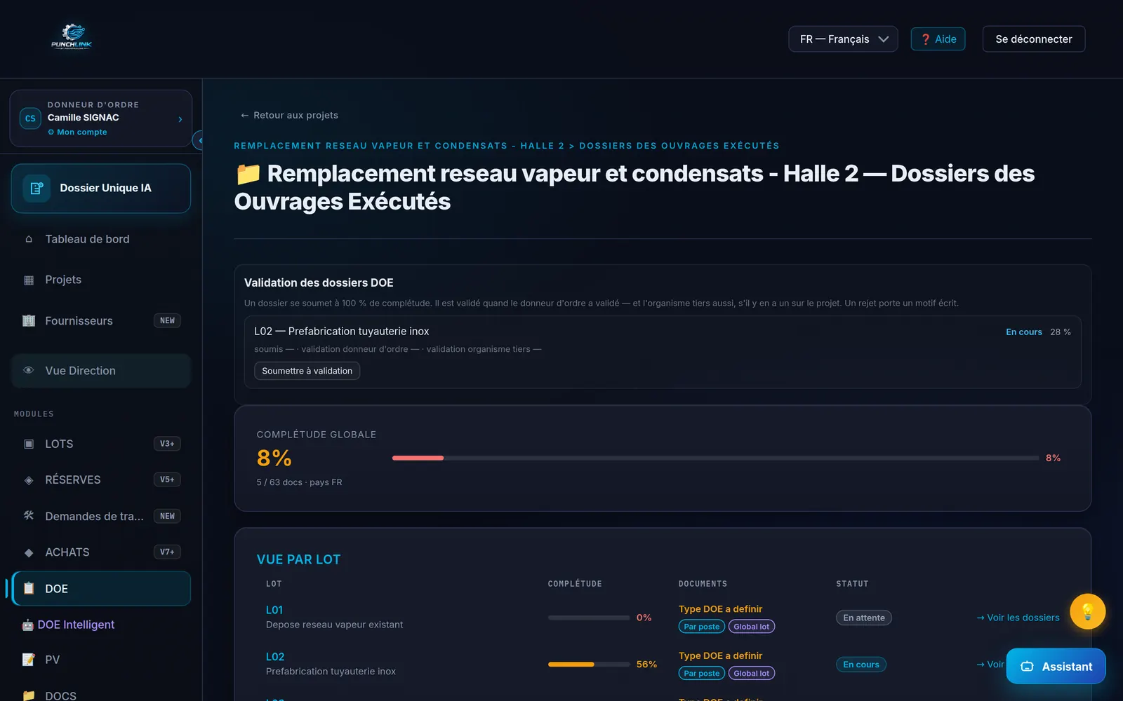 PunchLink — dossier des ouvrages exécutés, complétude et validation par lot