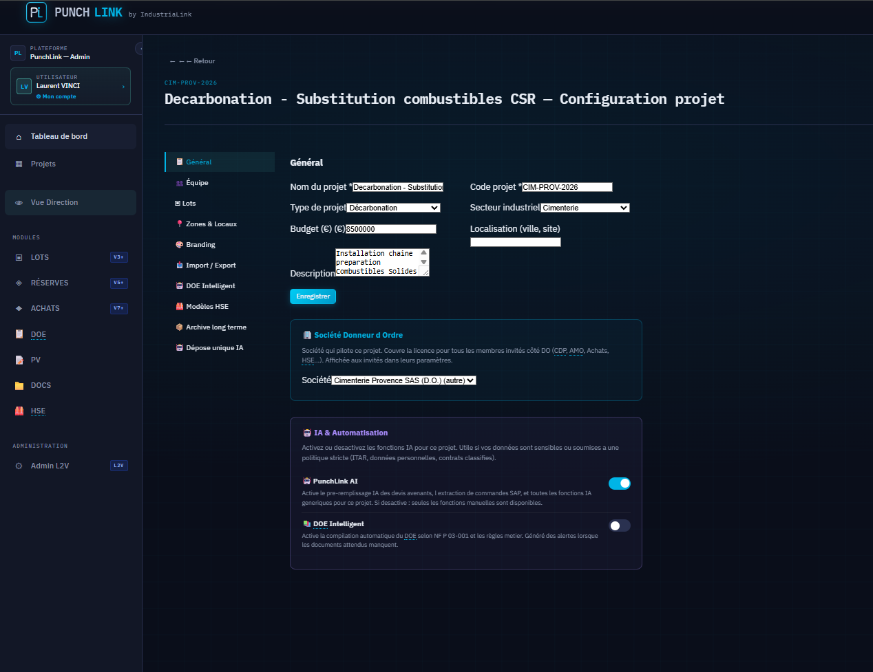 Configurazione progetto PunchLink con killswitches IA e DOE Intelligent disabilitabili per-progetto per clienti ITAR o contratti classificati
