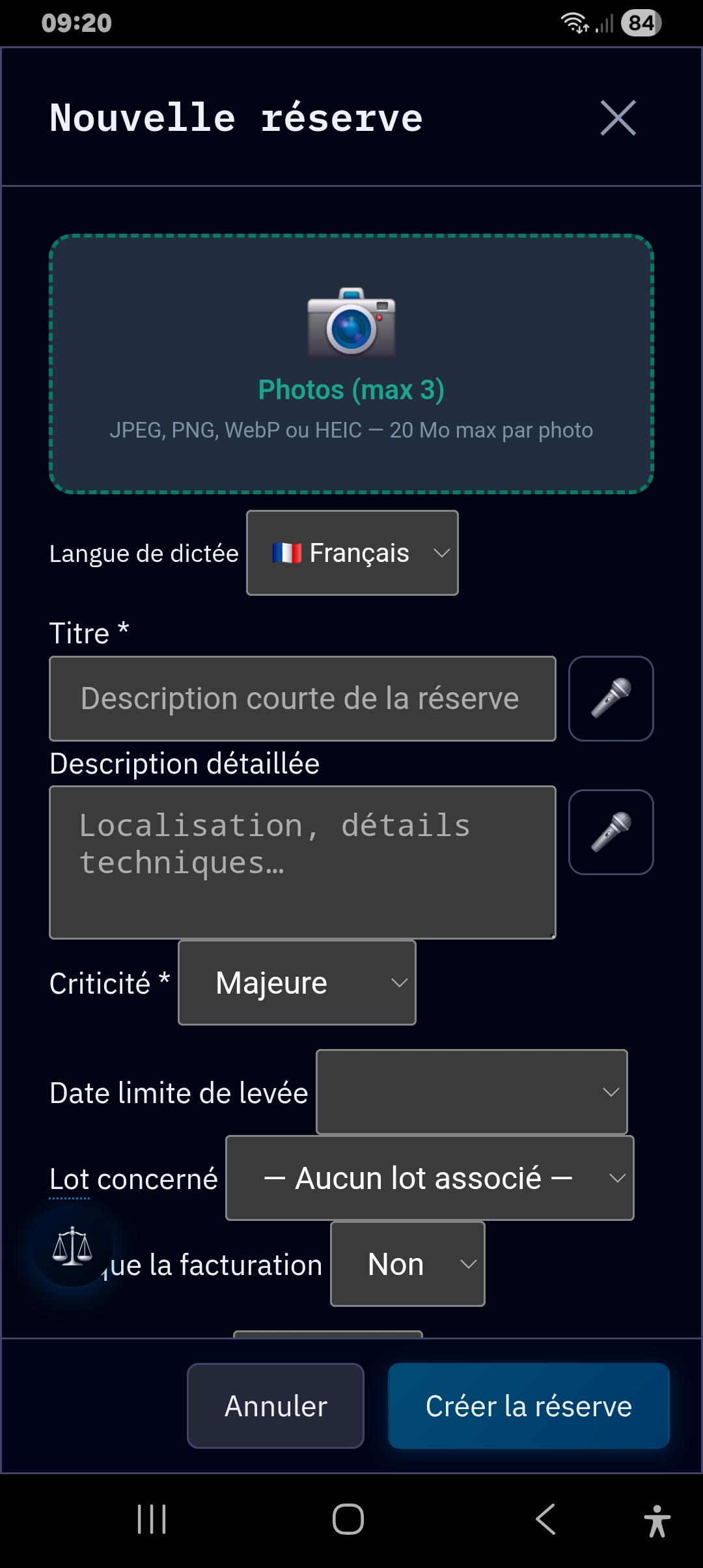 Reserve entry on PunchLink mobile: contradictory photo, voice dictation 6 languages, criticality, billing block, associated lot, offline mode